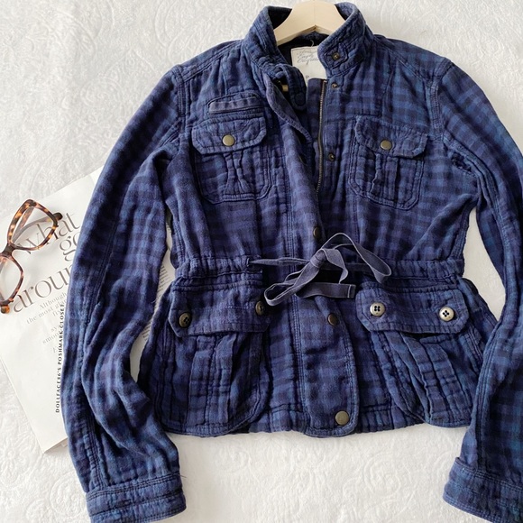 AEO Dark Blue Plaid Fitted Jacket - Picture 2 of 11